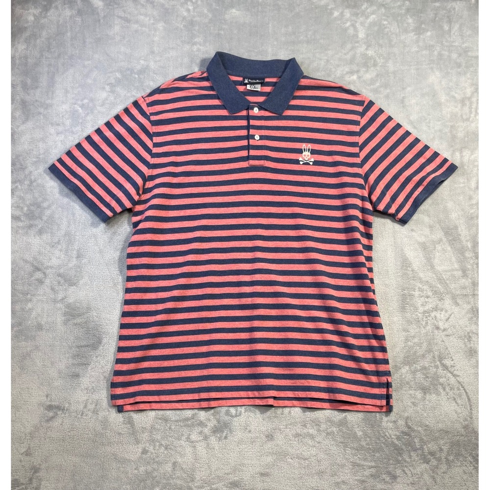 Psycho Bunny Polo Shirt Mens 9 Coral Navy Blue Excellent Striped Pima Cotton